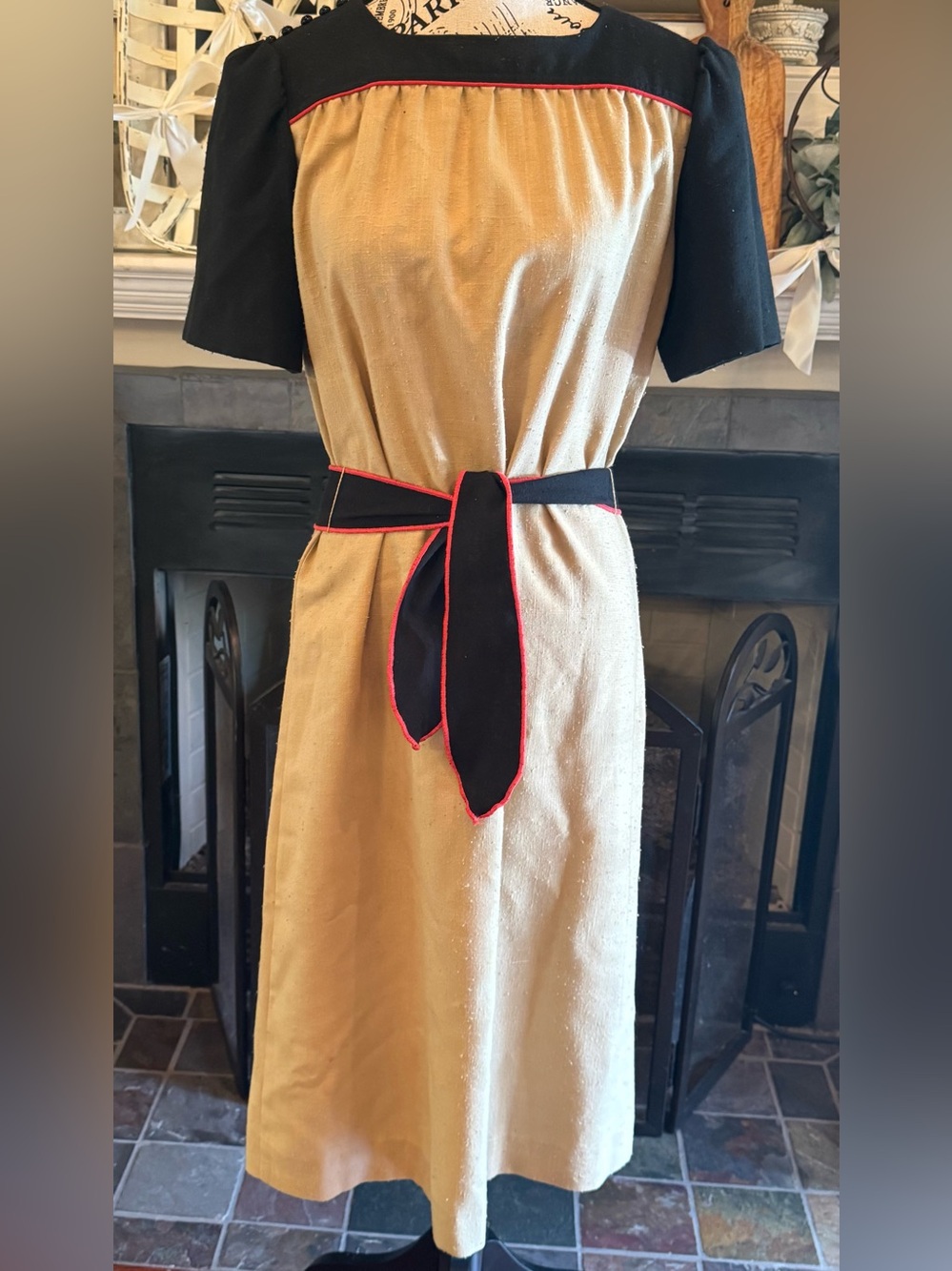 Vintage Color Block Shift Dress Tan Navy Belted Square Neckline Slubbed Midi Mod